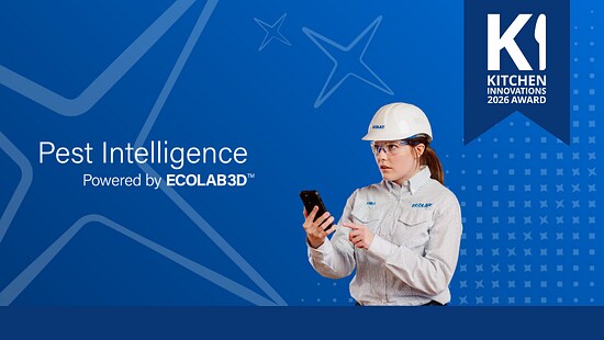 Promotional banner for “Pest Intelligence, Powered by Ecolab3D™” showing a uniformed field professional using a mobile device on a blue background with a “K1 Kitchen Innovations 2026 Award” badge.