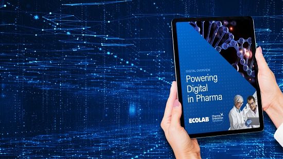 A brochure titled 'Powering Digital in Pharma' by Ecolab, featuring an image of two scientists and a DNA strand